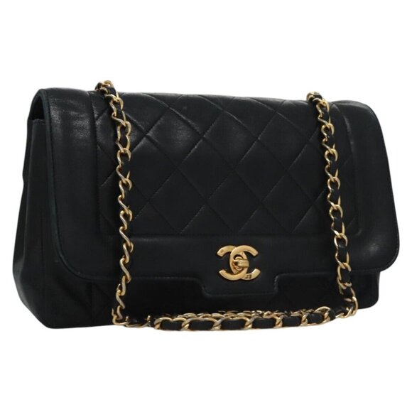 CHANEL Matelasse Turn Lock Chain Shoulder Bag Lamb Skin Black CC Auth 9921 - Picture 1 of 15